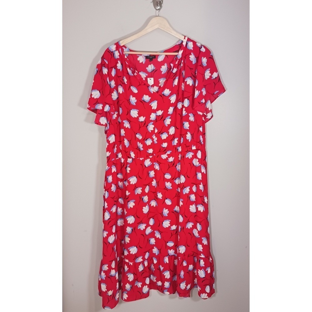 Talbots Floral Midi Dress Womens 18W NWT Red V Neck Flounce Hem Plus Size